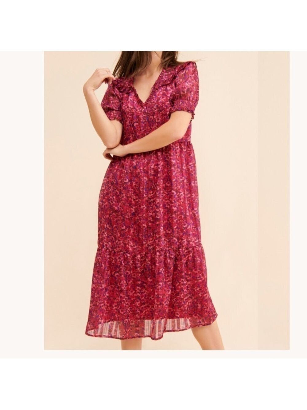 Du Paradise Midi Dress Ruffles Women's L Pink Floral Loose Fit Sheer Lined Boho